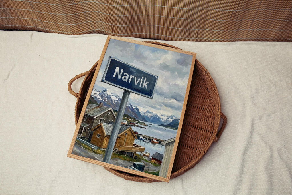 Narvik Oil Painting Art Print: Norway Arctic Fjord Street Sign Travel Poster
