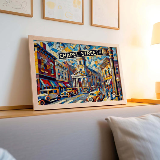 Chapel Street Wall Art Cubism Print, Stratford Connecticut Travel Poster, Modern Travel Gift, Housewarming Artwork, Unique Chapel Decor