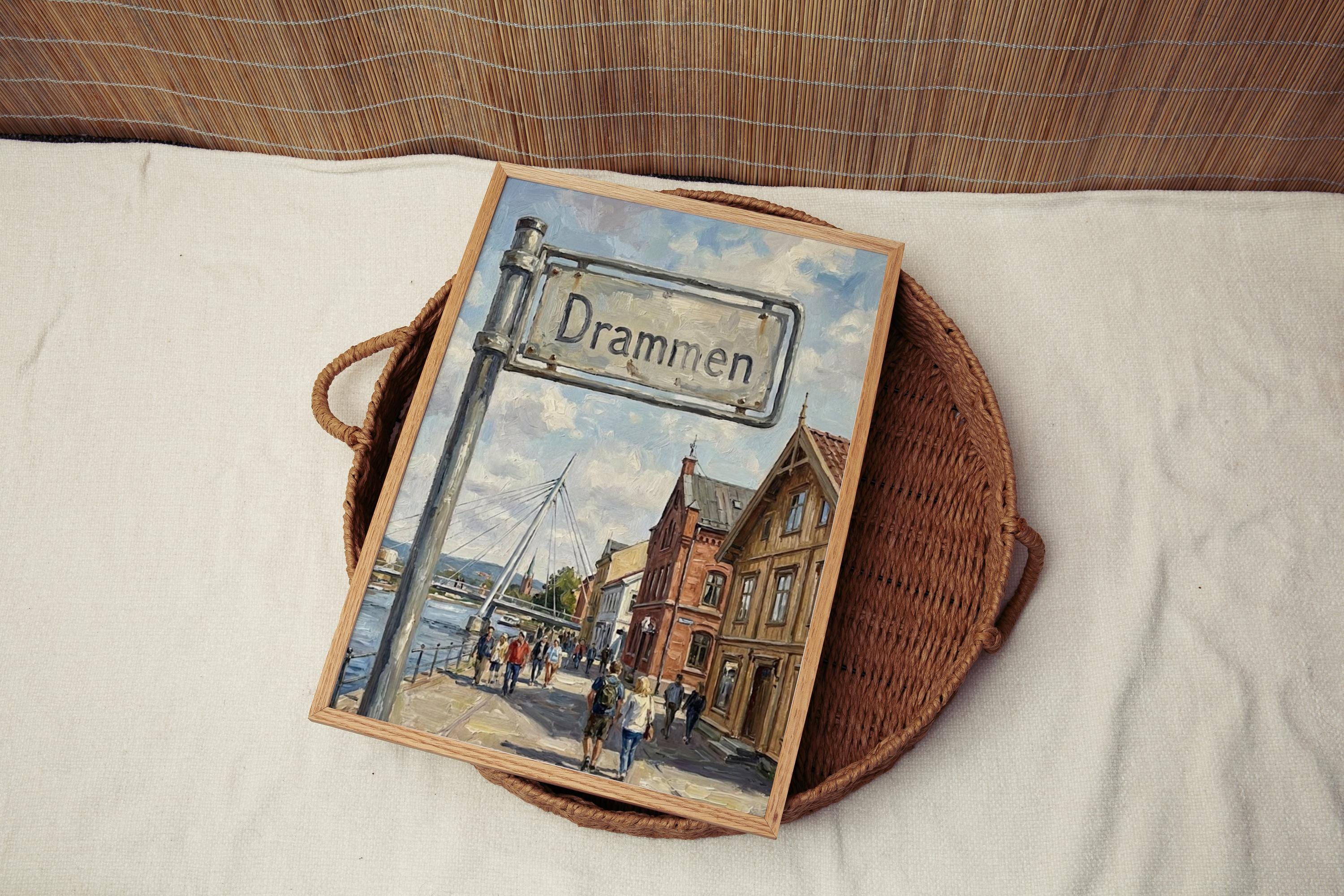 Drammen Oil Painting Art Print: Norway Riverside Street Sign Travel Poster