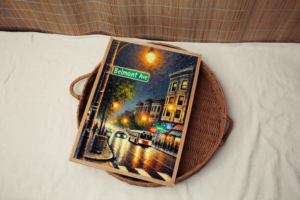 Belmont Ave Oil Painting Art Print: Chicago Street Sign Travel Poster