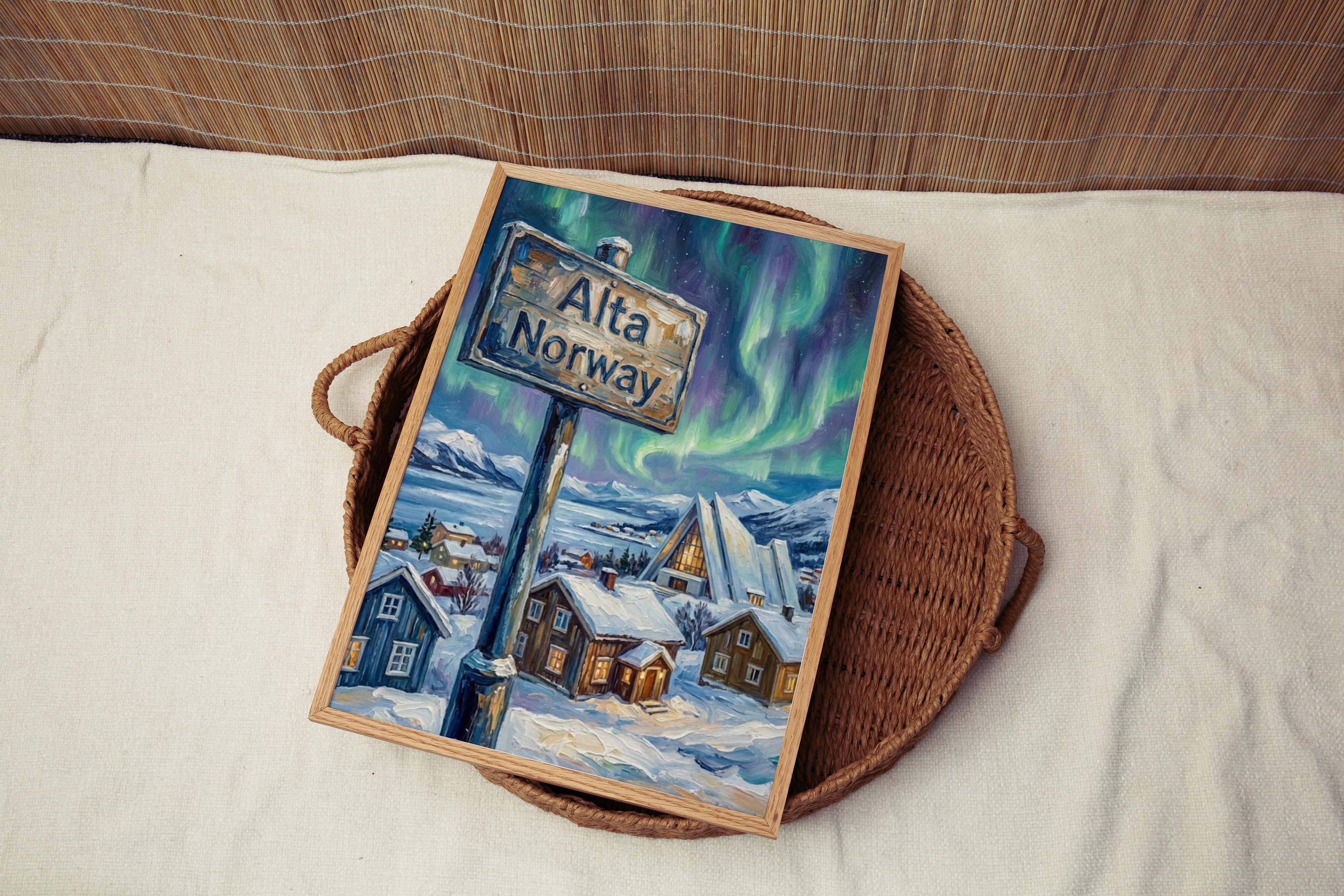 Alta Oil Painting Art Print: Norway Arctic Street Sign Travel Poster