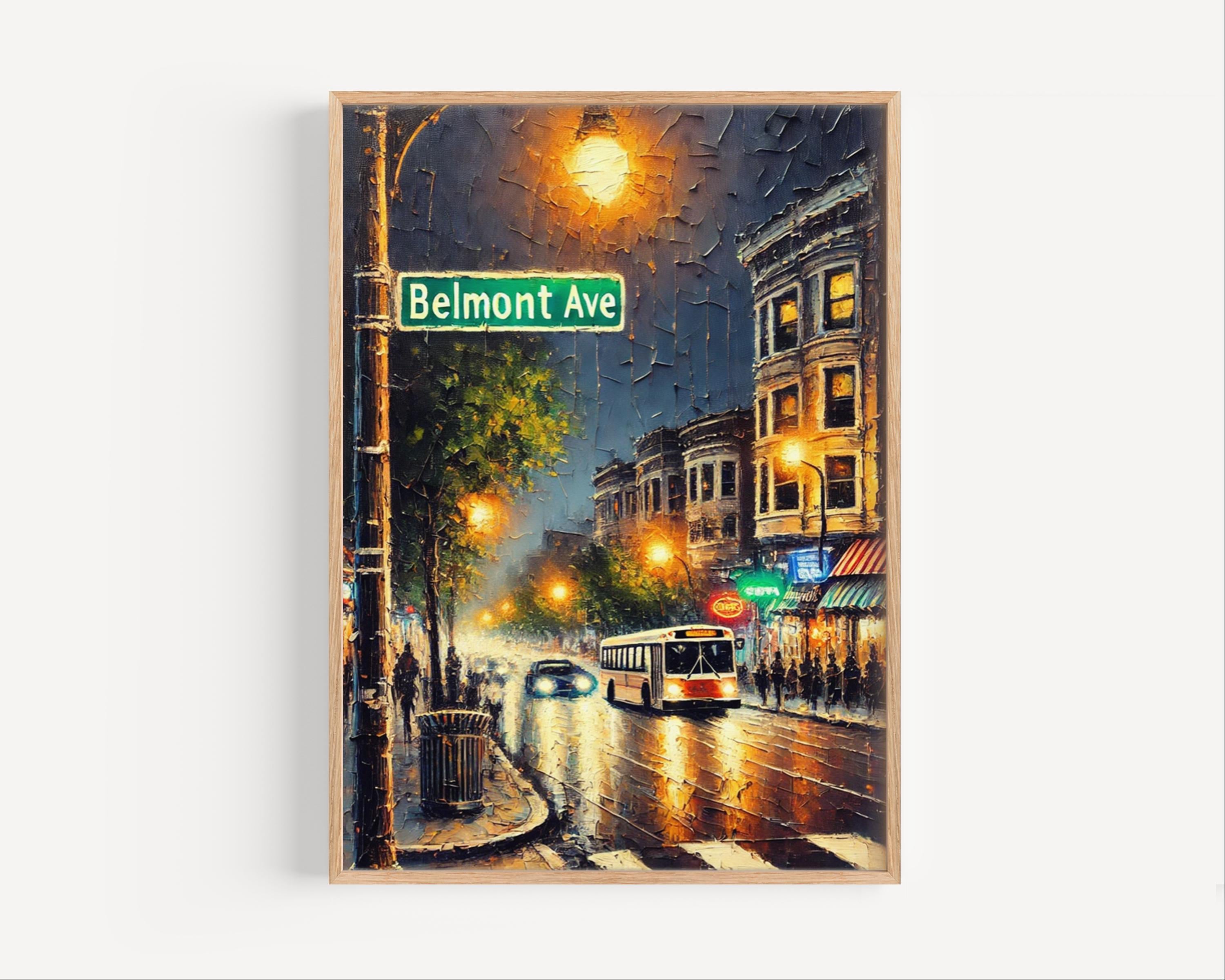Belmont Ave Oil Painting Art Print: Chicago Street Sign Travel Poster
