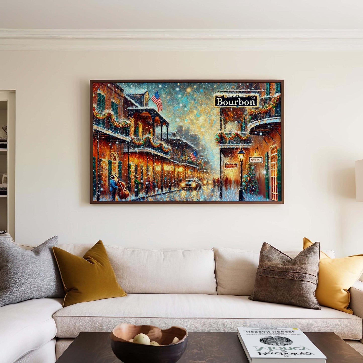 Bourbon Street Christmas Art Print – New Orleans Holiday Wall Decor, Festive French Quarter Scene