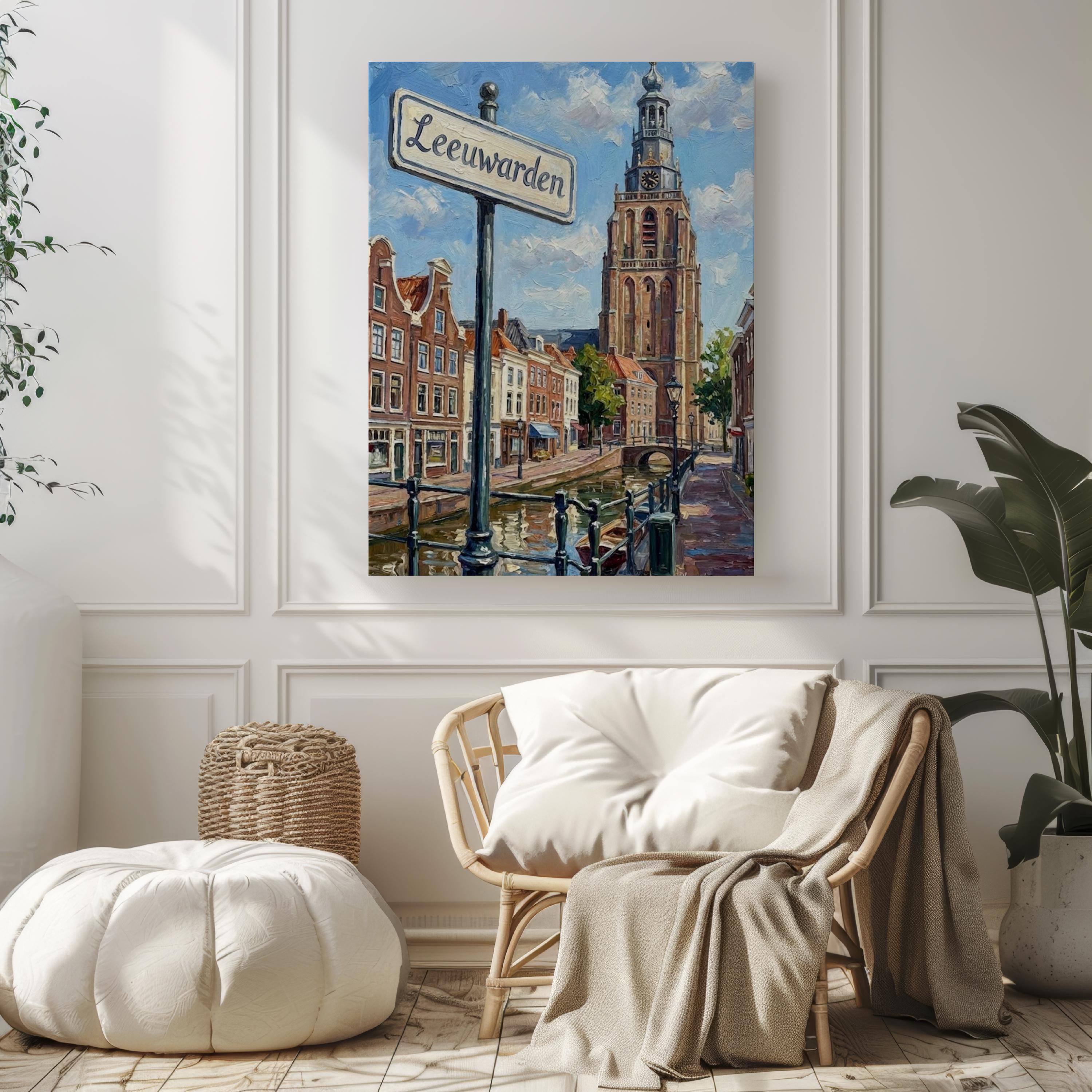 Leeuwarden Oil Painting Art Print: Netherlands Canal Street Sign Travel Poster