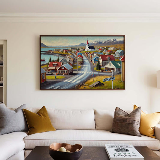 Borgarnes Art Iceland Wall Art Print – Scandinavian Travel Poster, European City Gift, Housewarming Decor, Nordic Landscape Illustration
