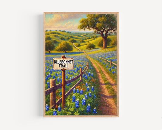 Bluebonnet Trail Wall Art Texas Hill Country Print Travel Poster US Gift Housewarming Decor