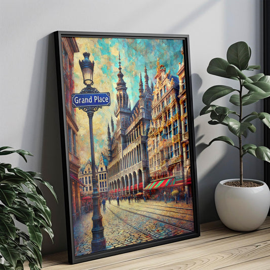 Grand Place Wall Art Print - Brussels Travel Poster, Belgium Gift, Housewarming Decor, European Cityscape Illustration