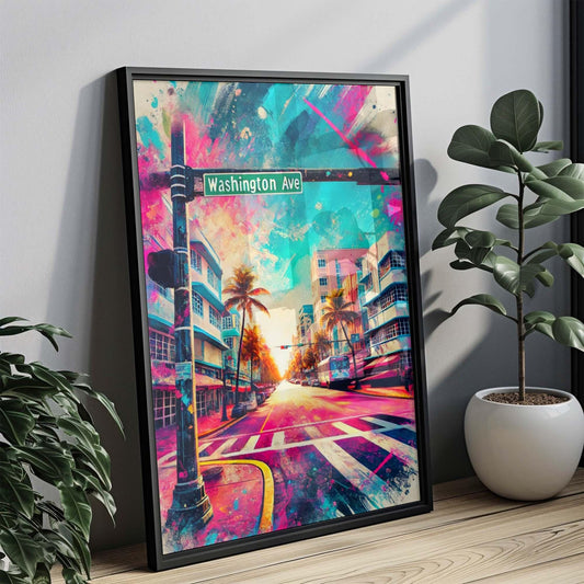 Washington Avenue Wall Art Miami Beach Print Florida Travel Poster Housewarming Gift Coastal Wall Decor