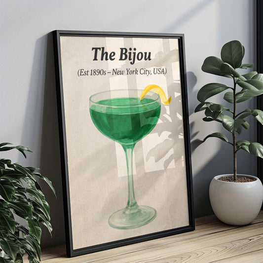 Bijou Cocktail Art Print Vintage Bar Decor Chartreuse Drink Poster Jewel Tone Mixology Wall Art for Home Bar, Gin and Vermouth Illustration