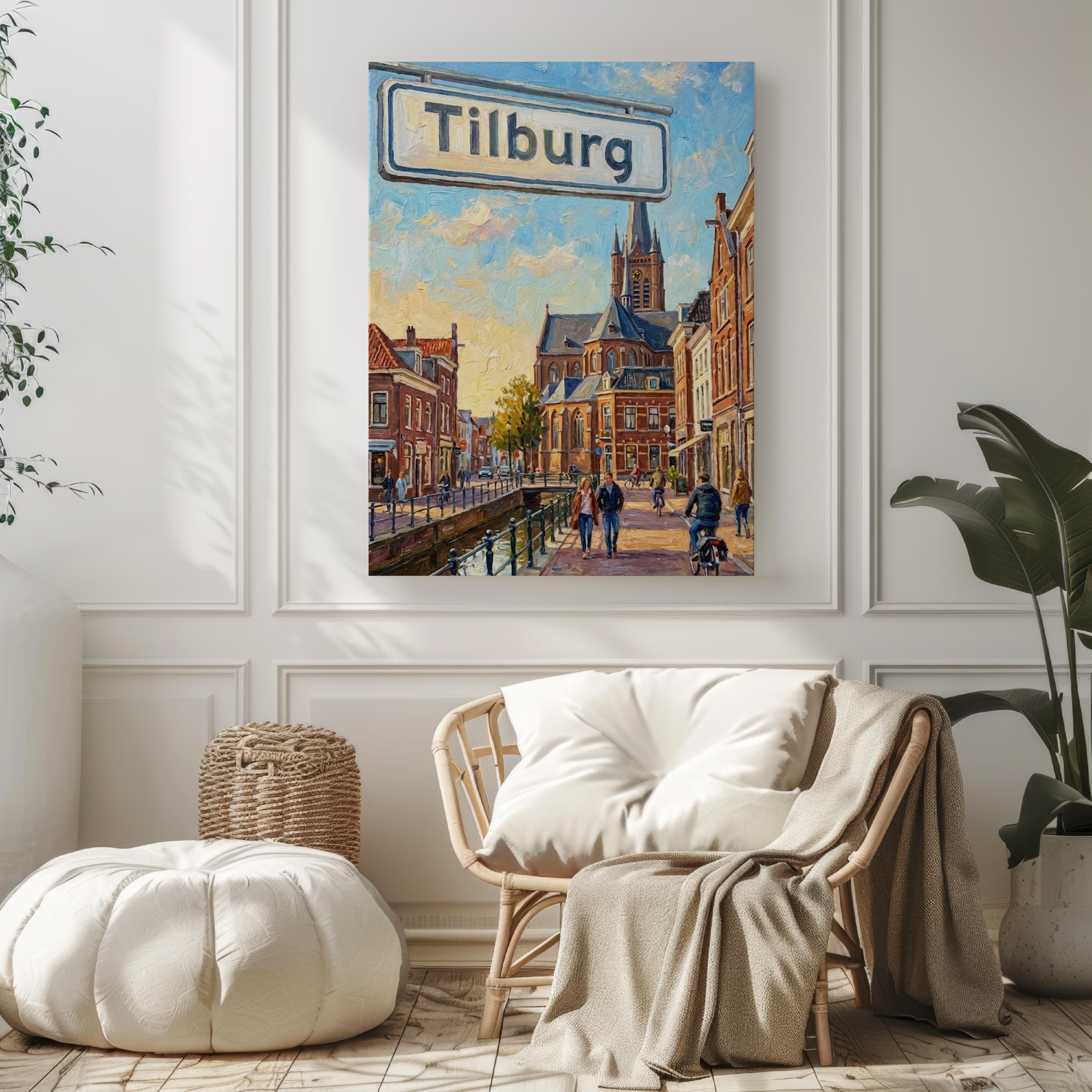 Tilburg Oil Painting Art Print: Netherlands Canal Street Sign Travel Poster