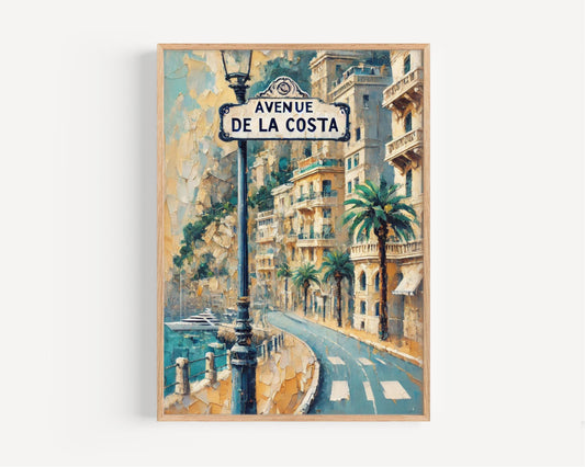 Avenue de la Costa Wall Art Monaco Print, European Travel Poster, Mediterranean Scene, French Riviera Gift, Street Sign Artwork