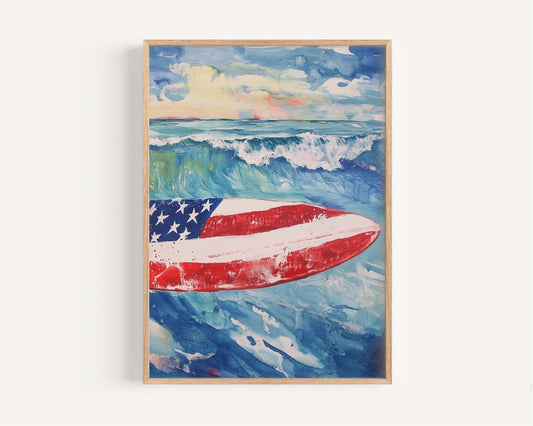 Surfing Artwork USA Wall Art | Patriotic Beach House Decor | United States Summer Poster | Coastal Home Decor | USA Wall Print