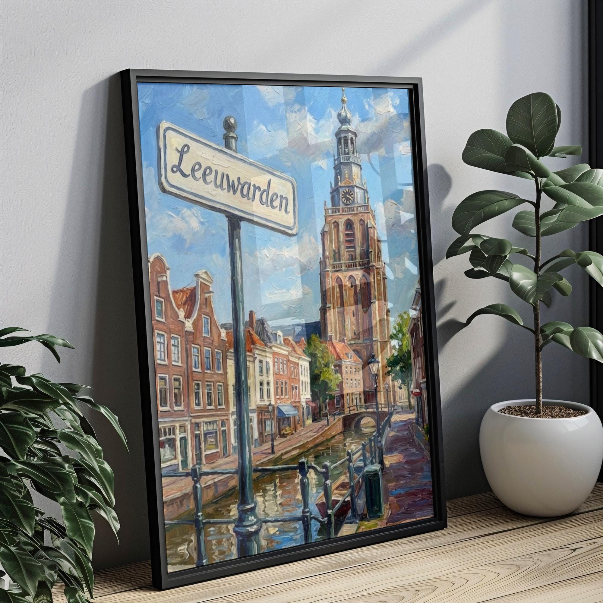 Leeuwarden Oil Painting Art Print: Netherlands Canal Street Sign Travel Poster