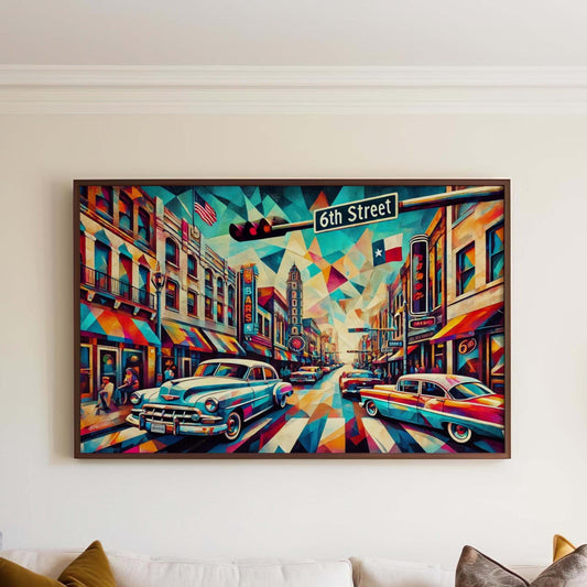 6th Street Wall Art Austin Cubism Print, Texas Travel Poster, Housewarming & Austin Gift, Modern Sixth Street Decor