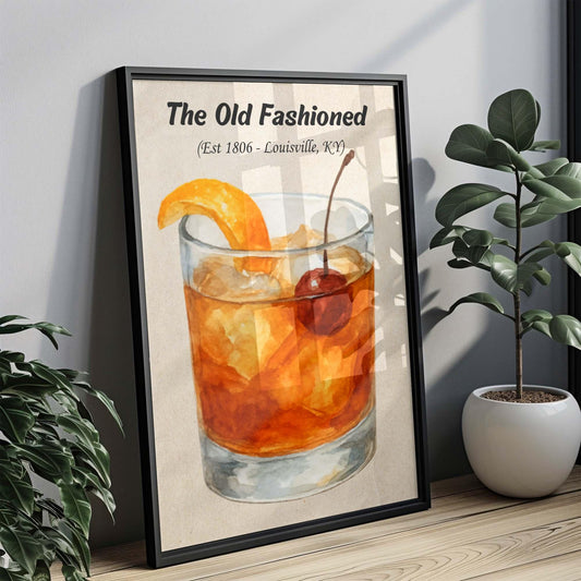 Old Fashion Cocktail Art Print, Vintage Liquor Illustration, Whiskey and Cherry Wall Decor, Retro Bar Art, Drink Lover Gift, Kitchen Decor