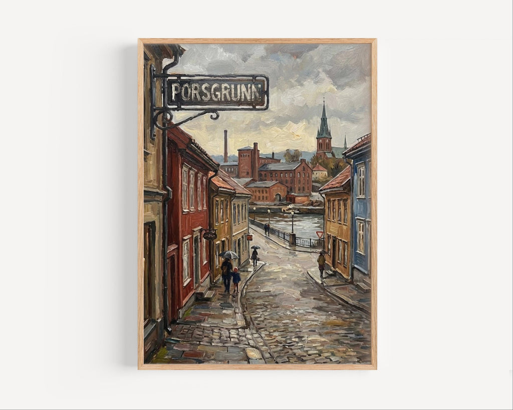 Porsgrunn Oil Painting Art Print: Norway Riverside Street Sign Travel Poster