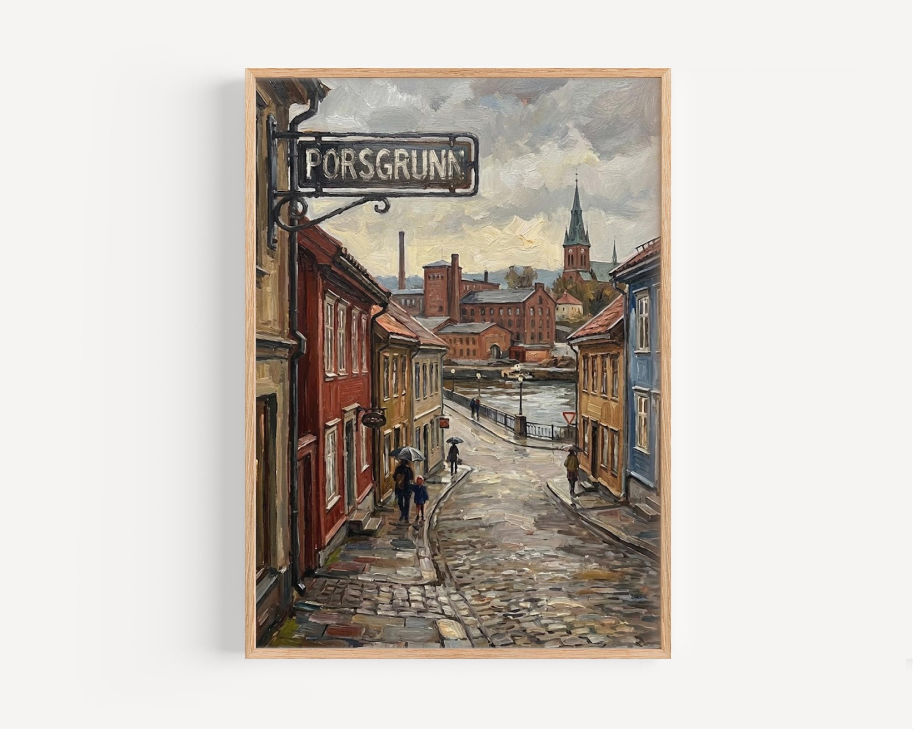 Porsgrunn Oil Painting Art Print: Norway Riverside Street Sign Travel Poster