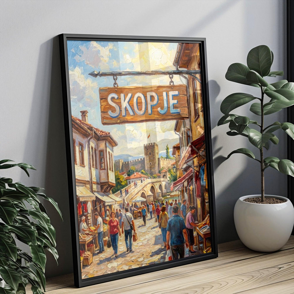 Skopje Oil Painting Art Print: North Macedonia Street Sign Travel Poster