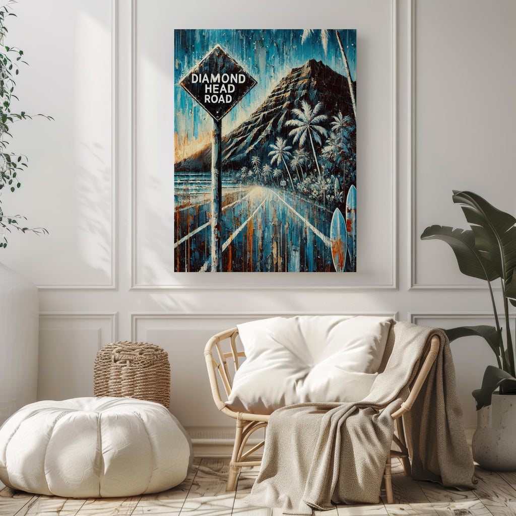 Diamond Head Road Oil Painting Art Print: Honolulu Hawaii Street Sign Travel Poster
