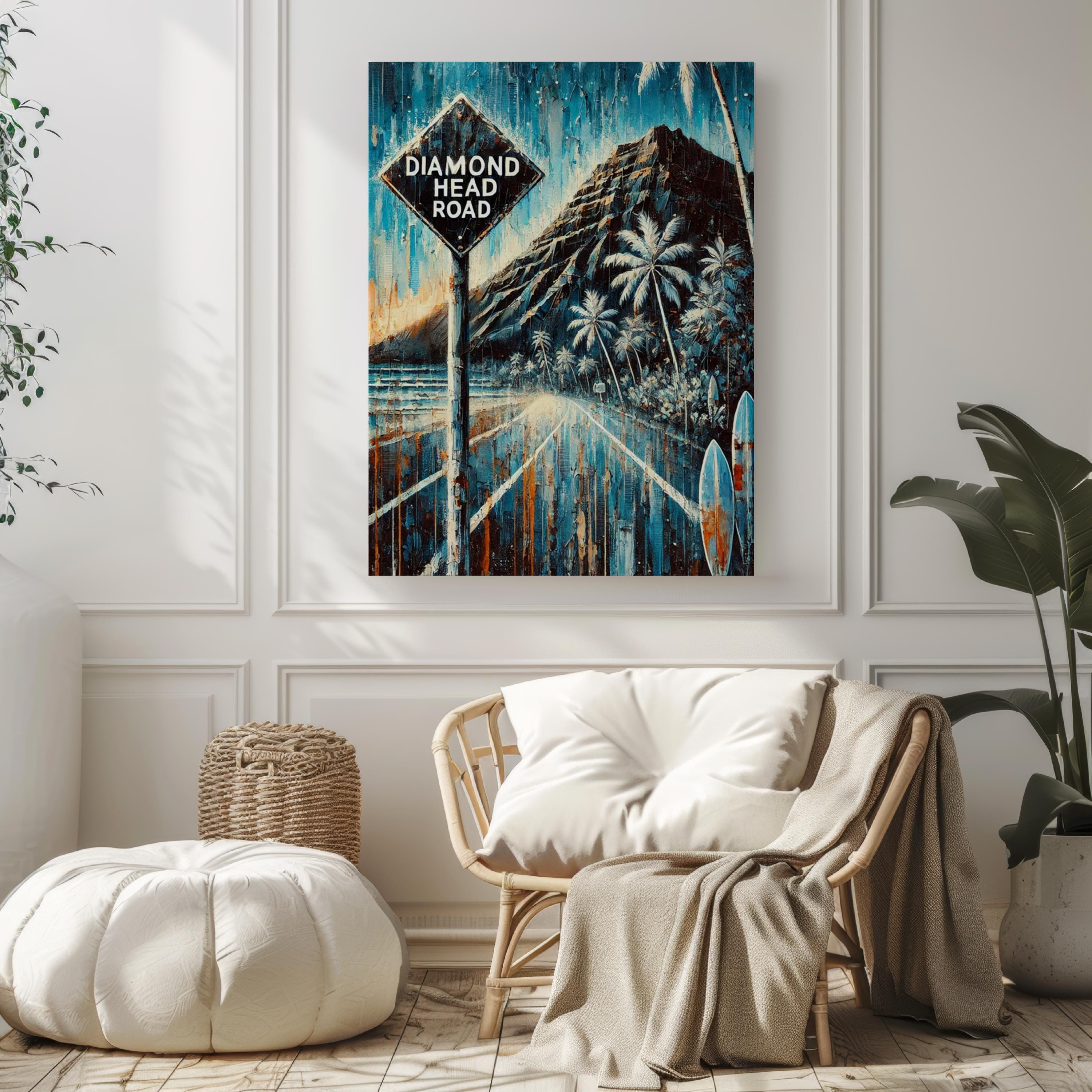 Diamond Head Road Oil Painting Art Print: Honolulu Hawaii Street Sign Travel Poster