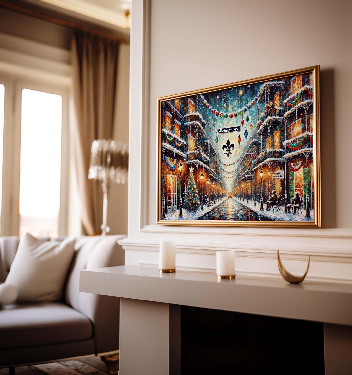 Michigan Avenue Christmas Art Print – Chicago Holiday Wall Decor, Festive City Street Scene