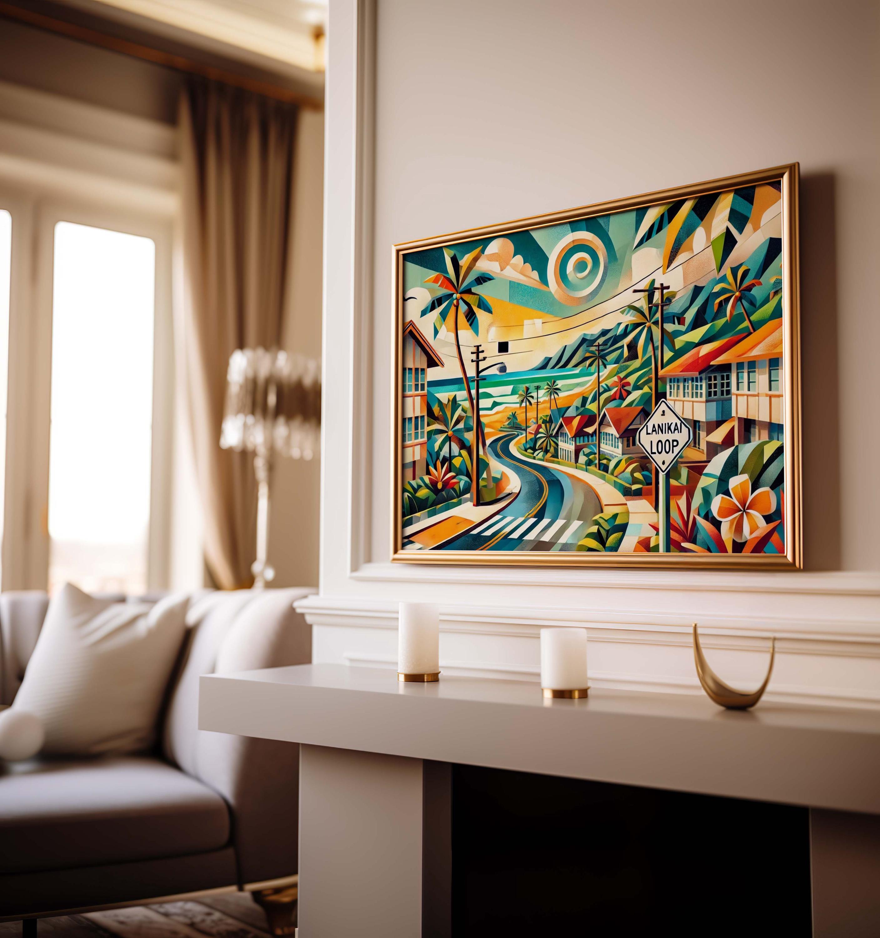 Lanikai Loop Wall Art Cubism Print – Oahu Hawaii Travel Poster, Housewarming & Hawaii Gift, Modern Travel Art Decor