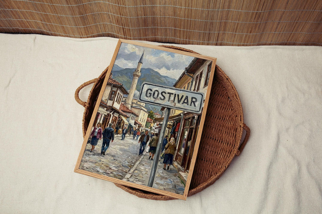 Gostivar Oil Painting Art Print: North Macedonia Street Sign Travel Poster