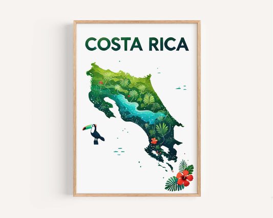 Costa Rica Print Tropical Wall Art, Travel Home Decor, Housewarming & College Gift, Costa Rica Map Artwork, Vibrant Coastal Poster