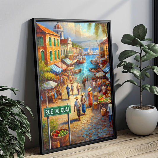 Port-au-Prince Rue du Quai Wall Art, Haiti Travel Poster, Caribbean Cityscape, Haitian Decor, Vibrant Waterfront Market, Personalized Gift