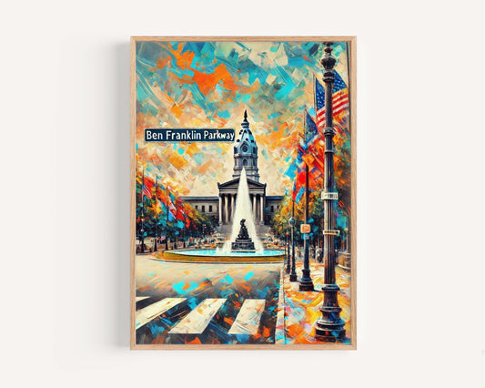 Benjamin Franklin Parkway Wall Art Print - Philadelphia Travel Poster, Cityscape Decor, Philly Gift, Urban Home Art & Housewarming Present