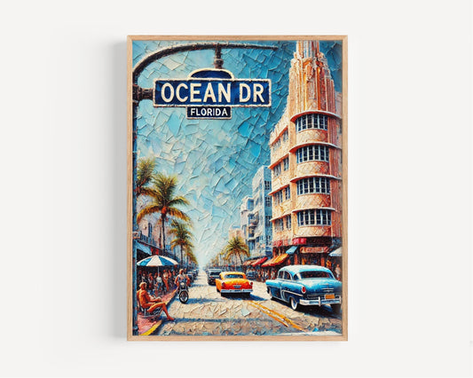 Florida Ocean Drive Wall Art Print – Miami Travel Poster, Coastal Home Decor, Florida Gift & Housewarming Artwork