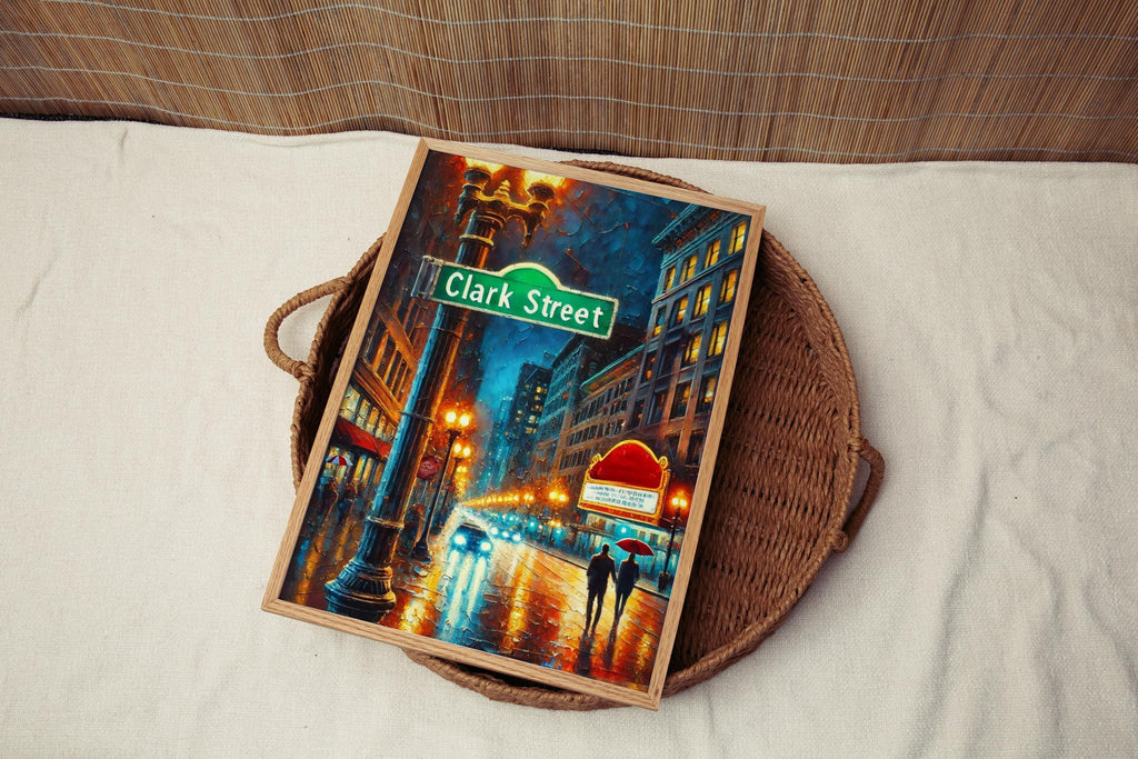Clark Street Oil Painting Art Print: Chicago Street Sign Travel Poster