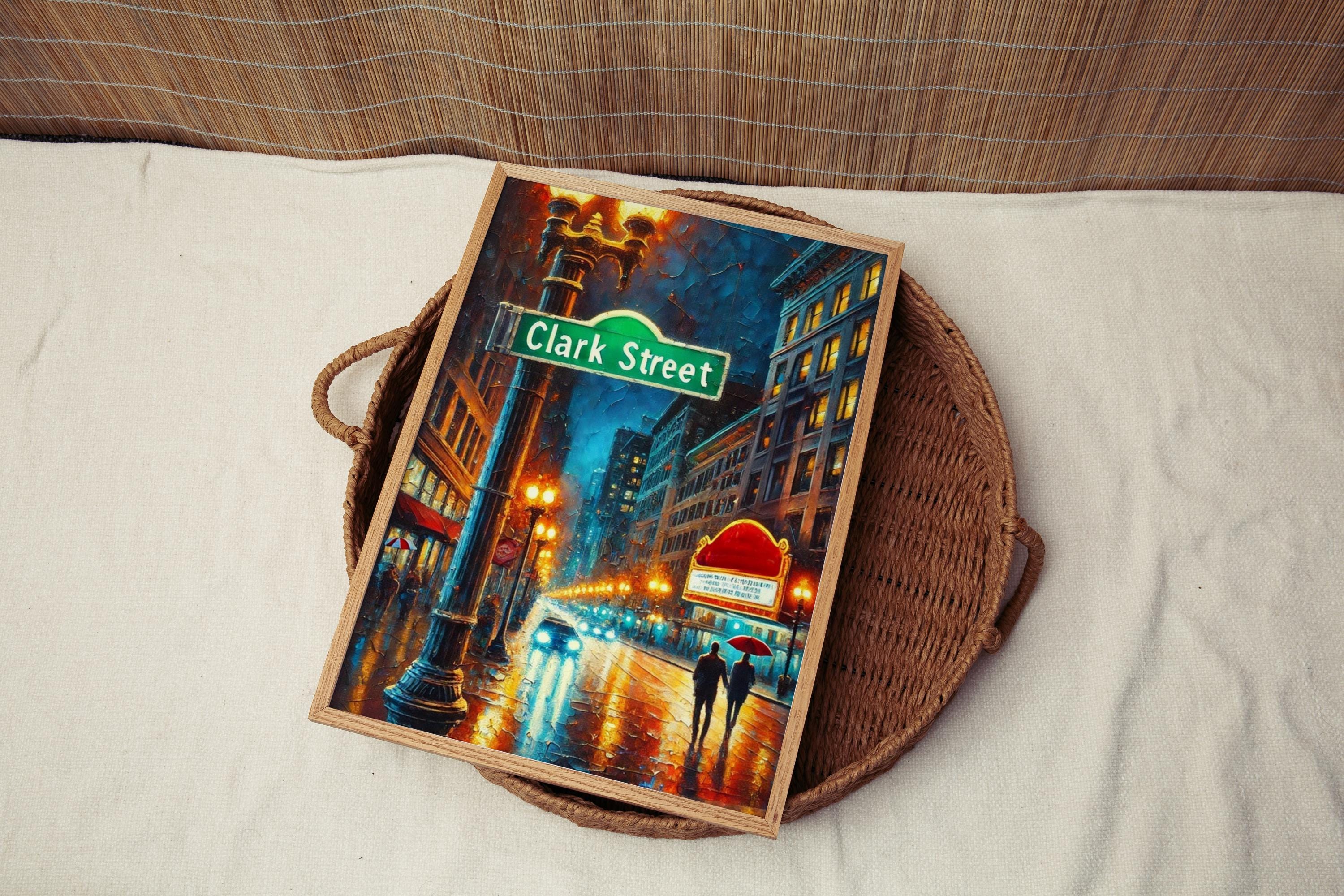 Clark Street Oil Painting Art Print: Chicago Street Sign Travel Poster