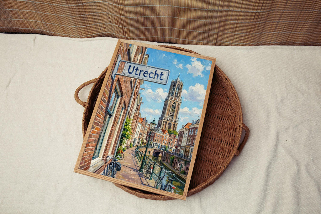 Utrecht Oil Painting Art Print: Netherlands Canal Street Sign Travel Poster