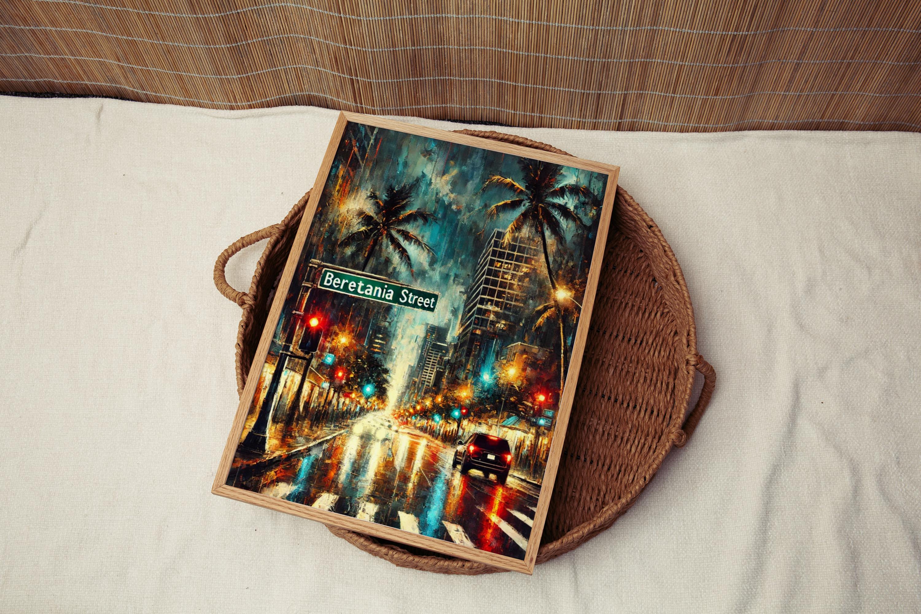 Beretania Street Oil Painting Art Print: Honolulu Hawaii Street Sign Travel Poster