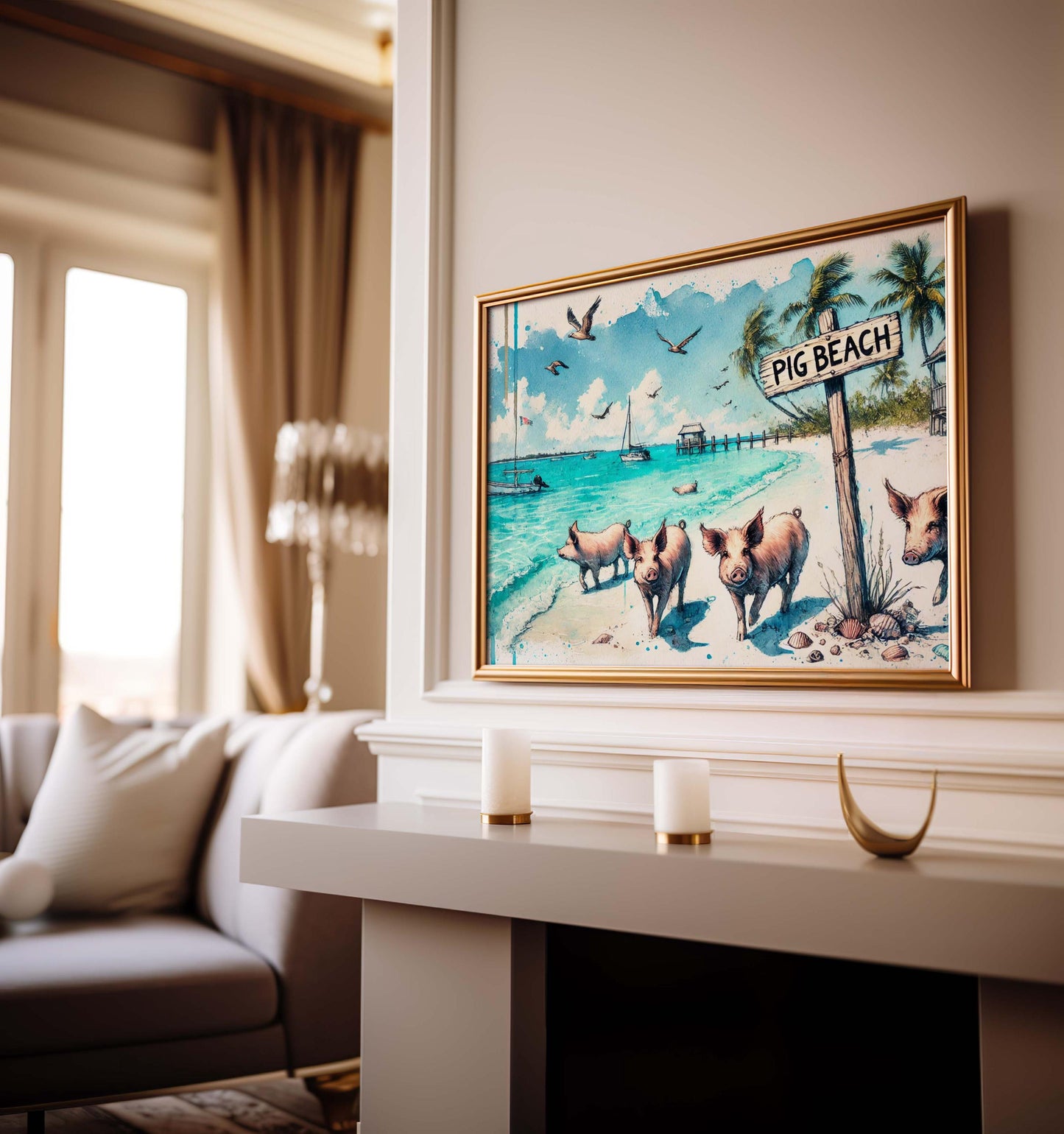 Pig Beach Print: Exuma Bahamas Swimming Pigs Coastal Wall Art