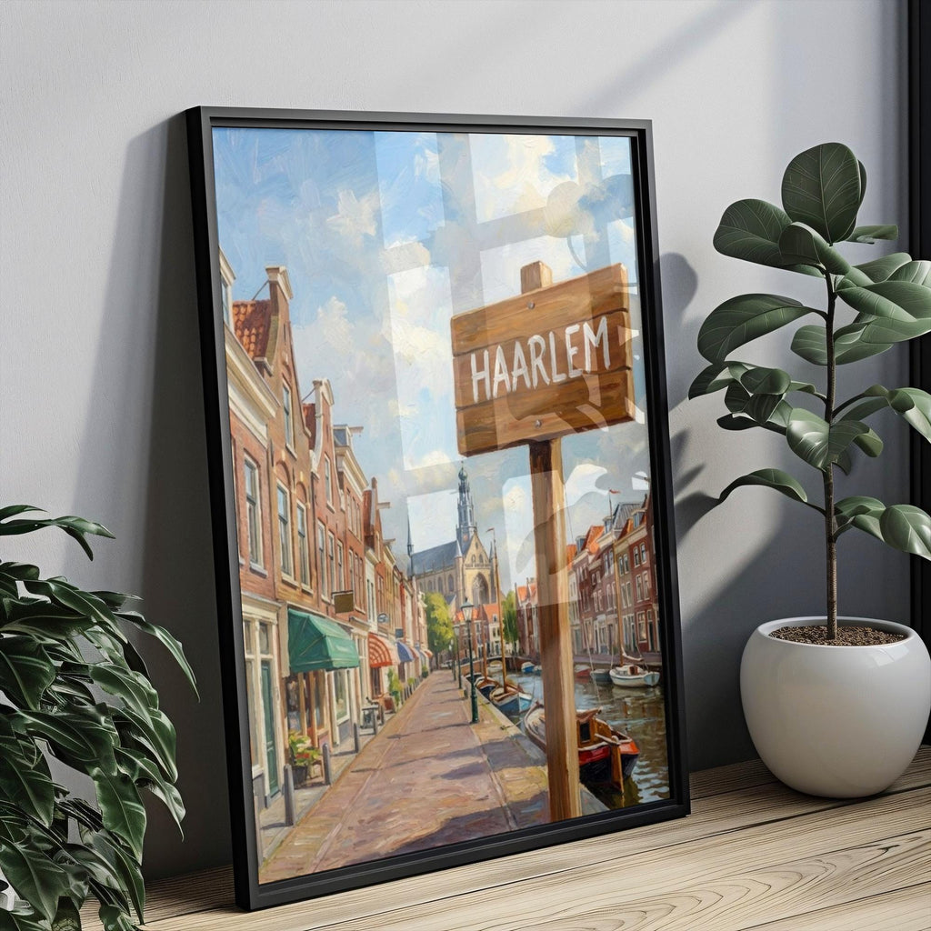 Haarlem Oil Painting Art Print: Netherlands Canal Street Sign Travel Poster