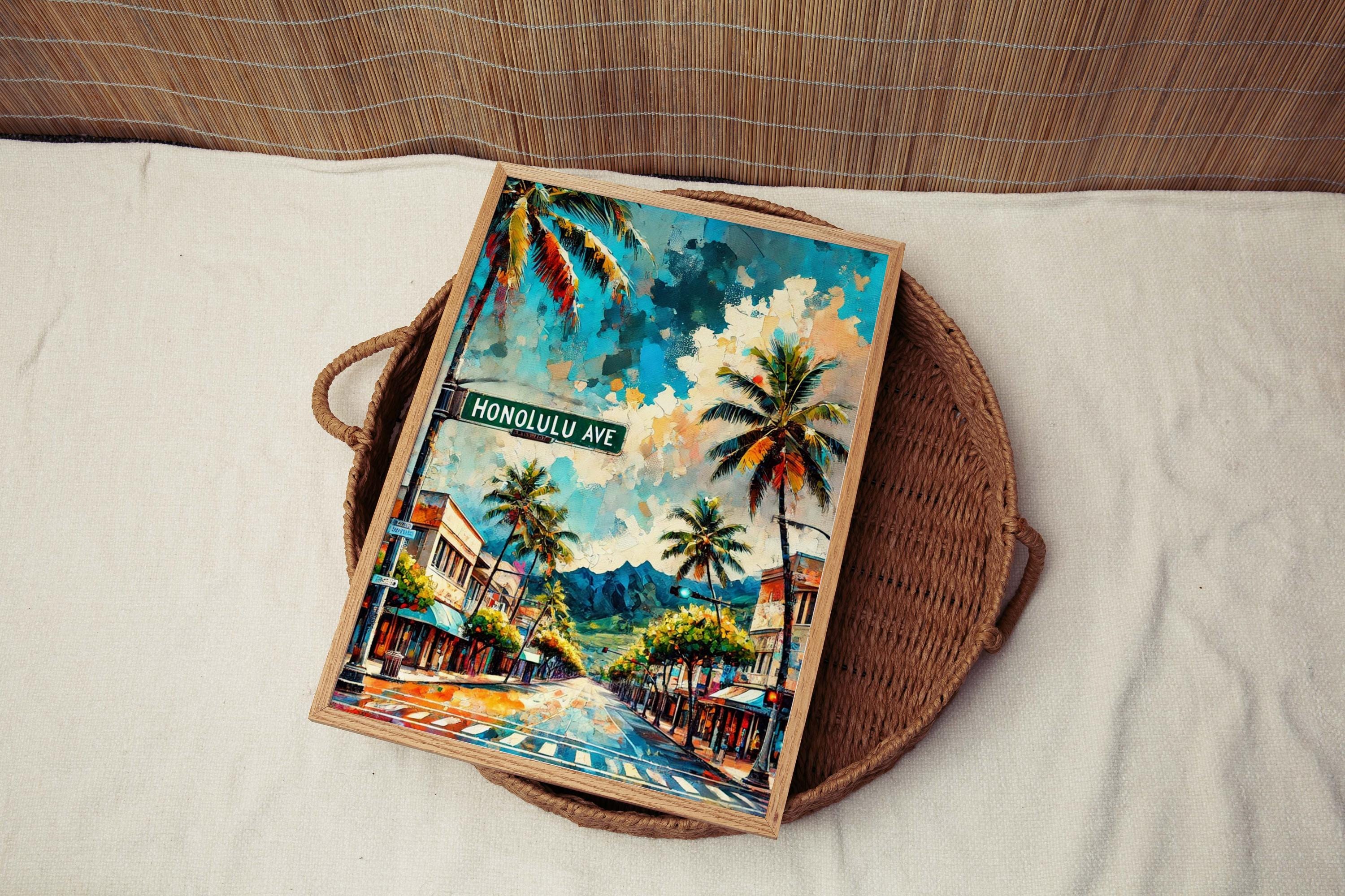 Honolulu Ave Print - Oahu Art Travel Poster, Hawaii Wall Art, Honolulu Gift, Housewarming Decor, Tropical Travel Print
