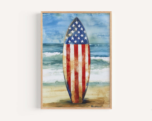 Surfing Artwork USA Wall Art Patriotic Beach House Decor Summer Poster United States Coastal Home Decor