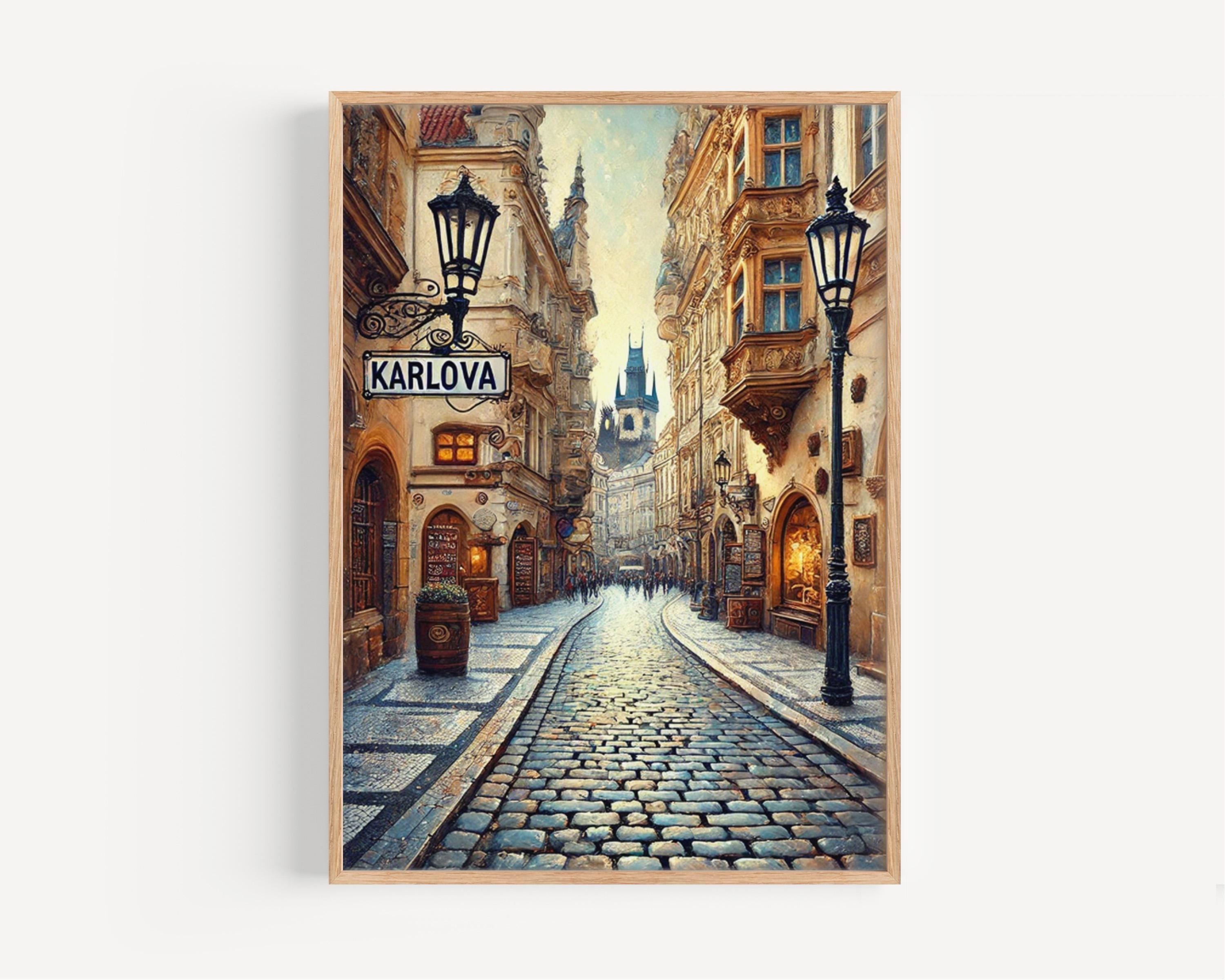 Prague Karlova St Wall Art Print - Travel Poster, Czech Republic Gift, Housewarming Decor, Prague Cityscape Illustration