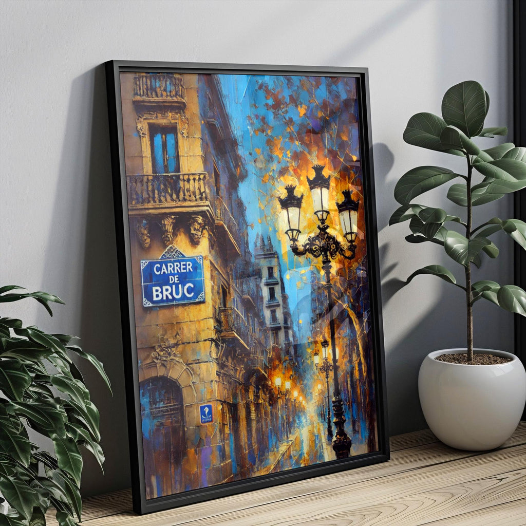 Carrer de Bruc Oil Painting Art Print: Barcelona Spain Street Sign Travel Poster