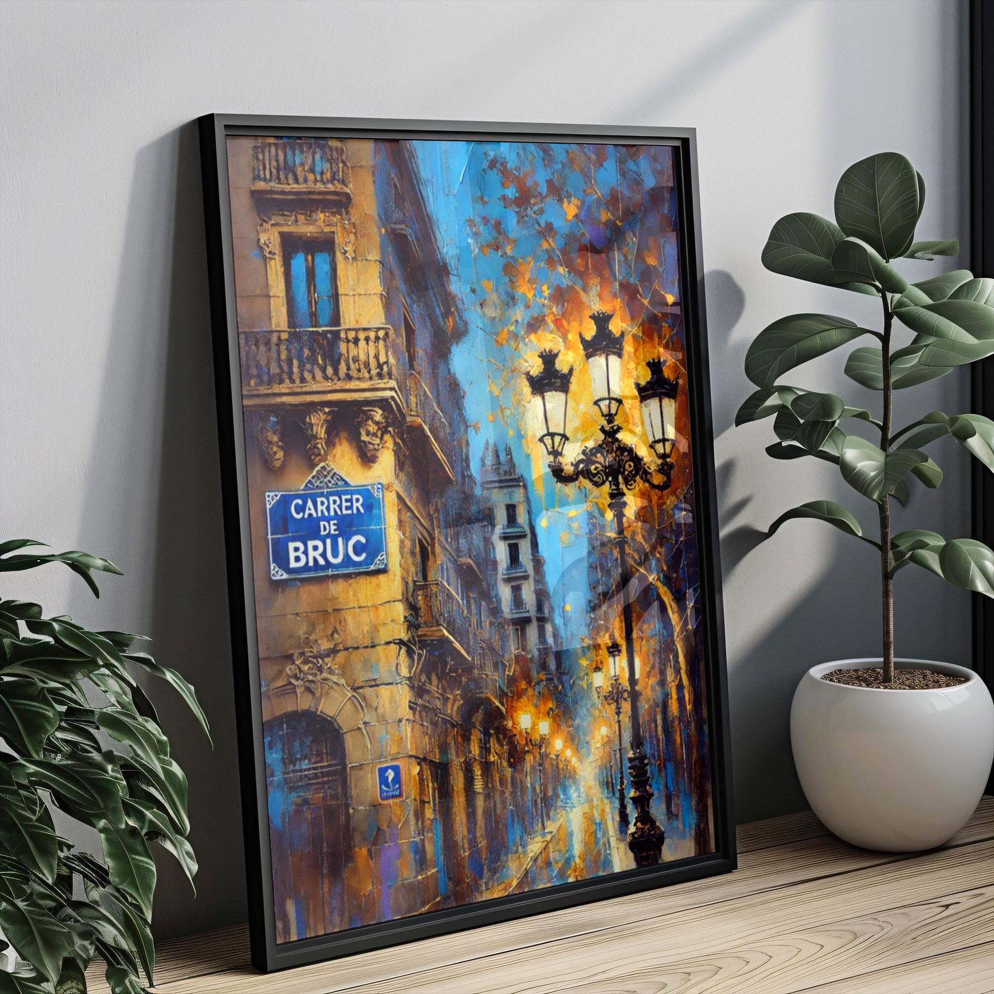Carrer de Bruc Oil Painting Art Print: Barcelona Spain Street Sign Travel Poster