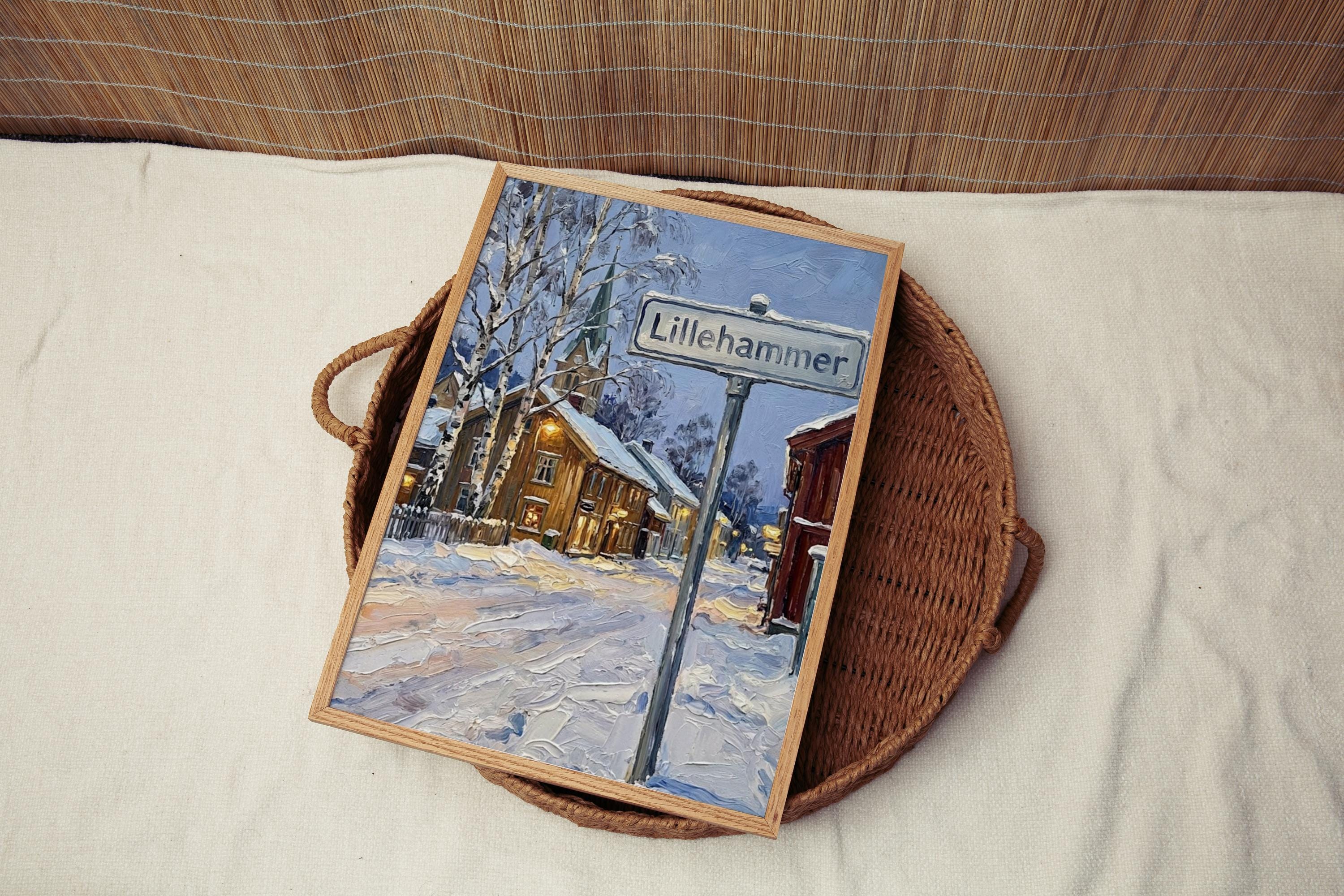 Lillehammer Oil Painting Art Print: Norway Winter Street Sign Travel Poster