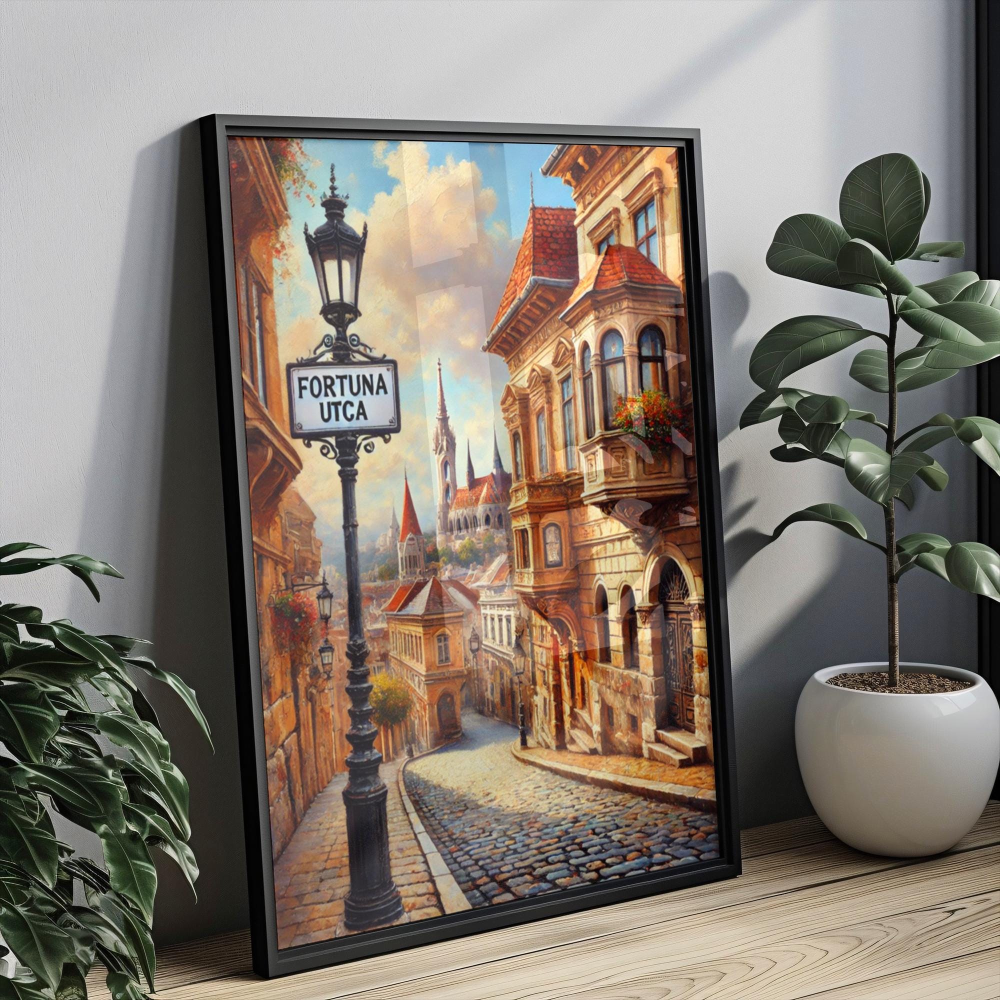 Fortuna Utca Oil Painting Art Print: Budapest Hungary Street Sign Travel Poster
