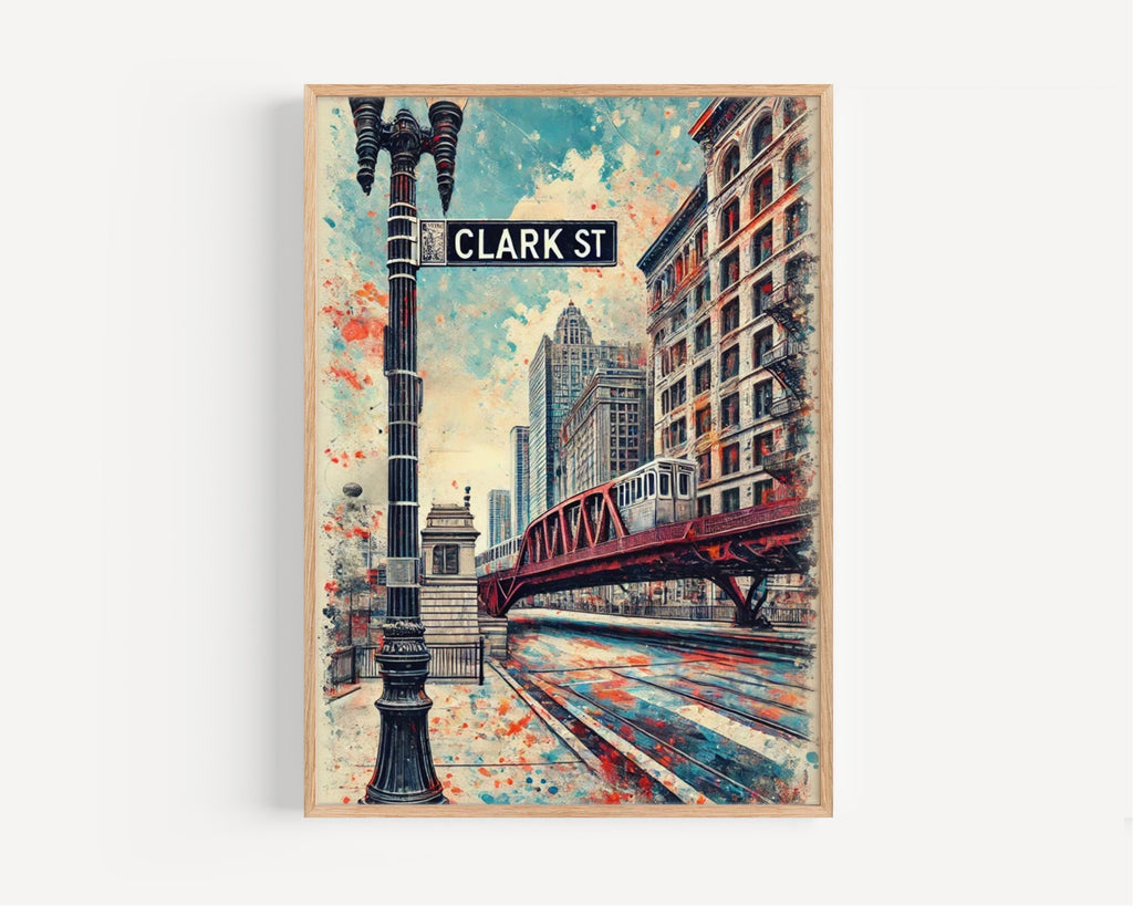 Chicago Clark Street Wall Art, Travel Print & Poster, Illinois Home Decor, Chicago Gift, Housewarming Artwork, Modern Cityscape Illustration