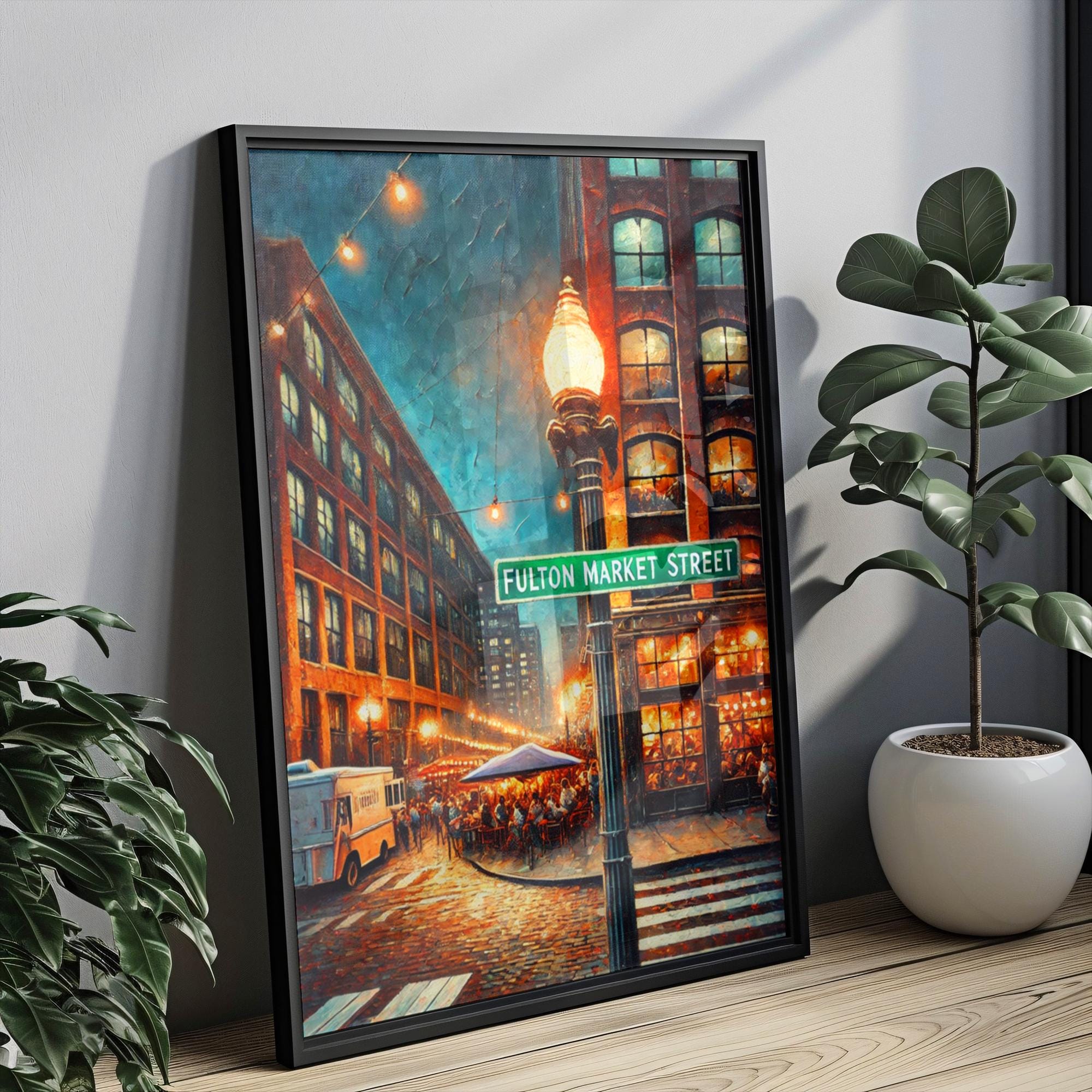 Fulton Market Street Oil Painting Art Print: Chicago Street Sign Travel Poster