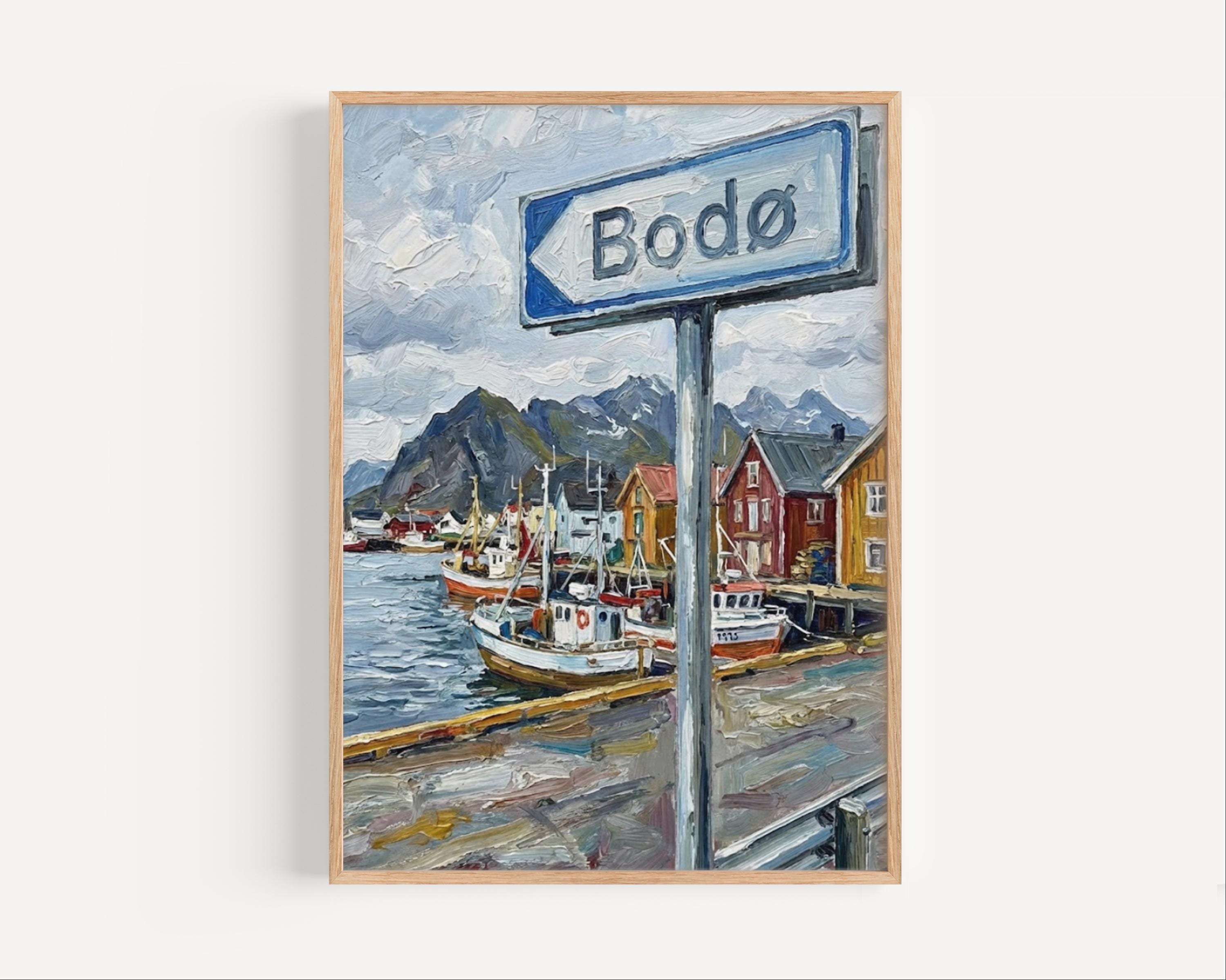 Bodø Oil Painting Art Print: Norway Arctic Street Sign Travel Poster