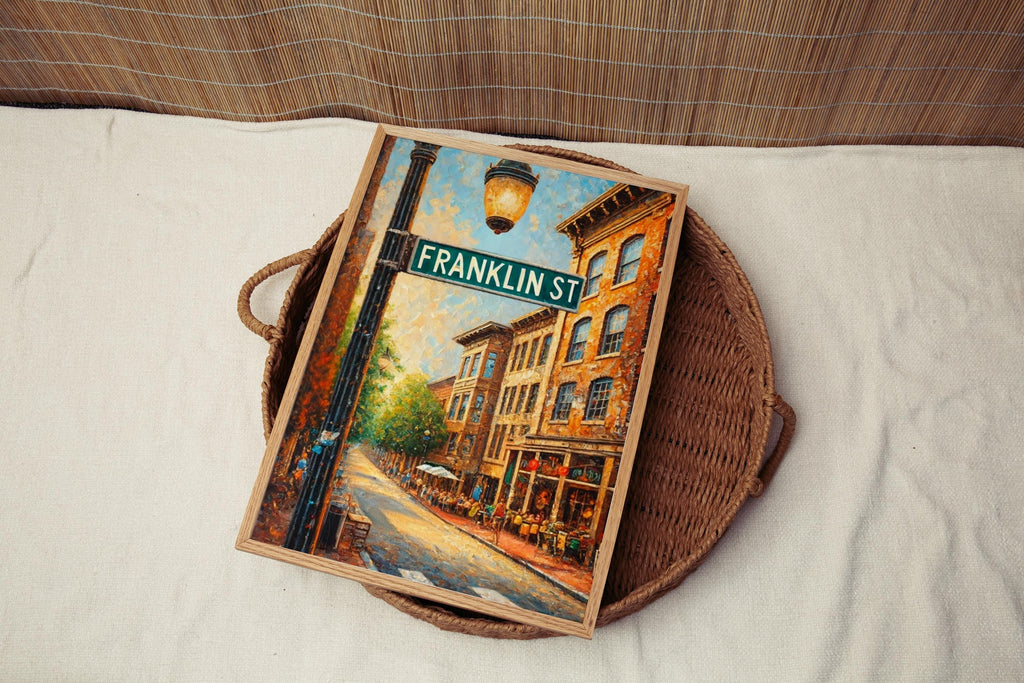 Chapel Hill Franklin St Wall Art Print - North Carolina Travel Poster, Chapel Hill Gift, Modern Home Decor, NC Map Illustration