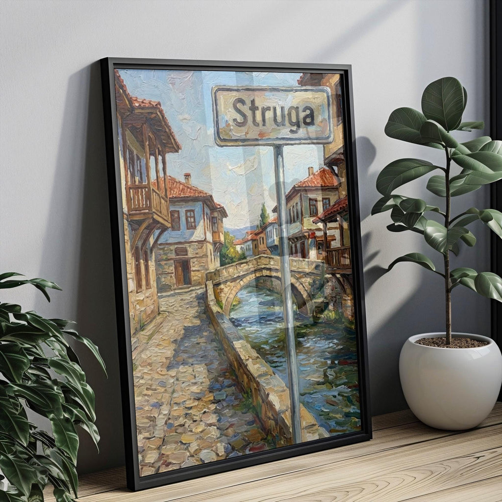 Struga Oil Painting Art Print: North Macedonia Street Sign Travel Poster