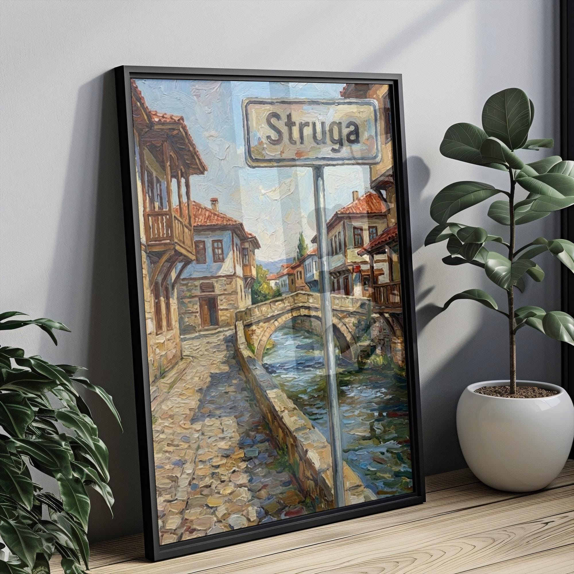 Struga Oil Painting Art Print: North Macedonia Street Sign Travel Poster